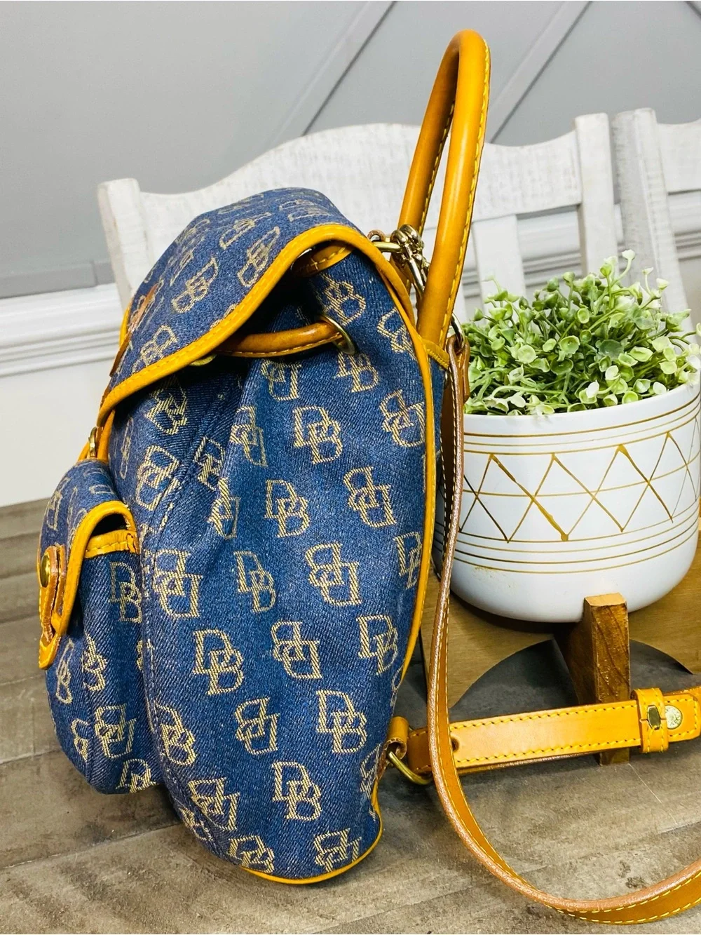 Vintage Dooney & Bourke Denim Monogram Backpack Purse DB Canvas Tan Leather Trim